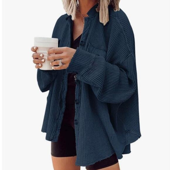 Chartou Women's Teal Blue Waffle Loose Fit Knit Button-Down Shacket Shirt Sz XL - Picture 1 of 8